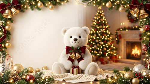 Elegant white Christmas bear with velvet ribbon and golden bells, luxurious holiday decorations placed around the edges, large premium copy space, sophisticated 3D cartoon illustration.