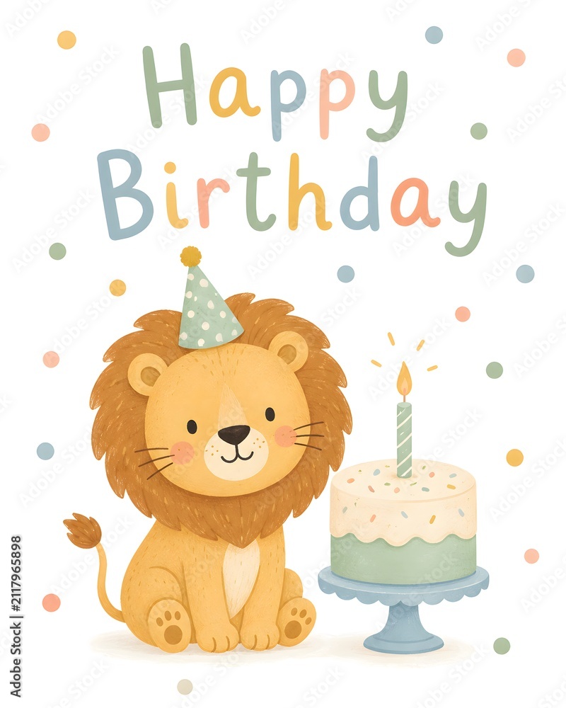 Naklejka premium Cute Cartoon Lion with Party Hat and Birthday Cake Greeting Card