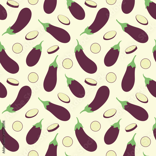 Eggplant, seamless vegetable pattern. Vector illustration of aubergine, flat style. Design for kitchen textiles, food packaging.