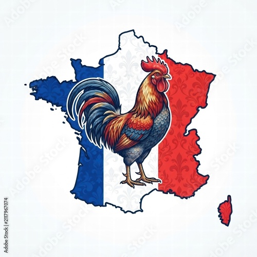 Gallic Rooster Standing on Map of France with French Tricolor Flag, Raster Illustration