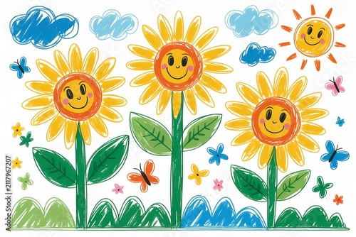 Three smiling cartoon sunflowers blooming in garden rendered in hand drawn crayon sketch art, happiness concept