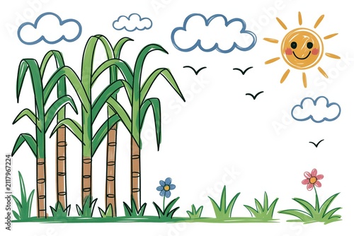 Tall green sugarcane plants growing on farm field rendered in hand drawn crayon sketch artwork, agriculture concept