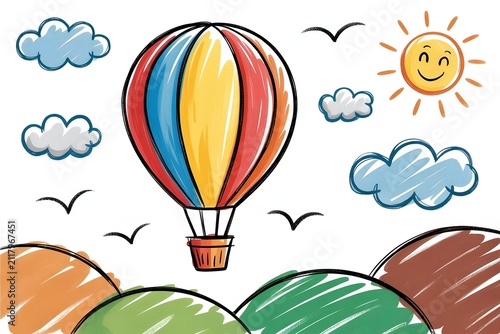 Colorful hot air balloon floating over green hills in sky rendered in hand drawn crayon sketch art, travel concept