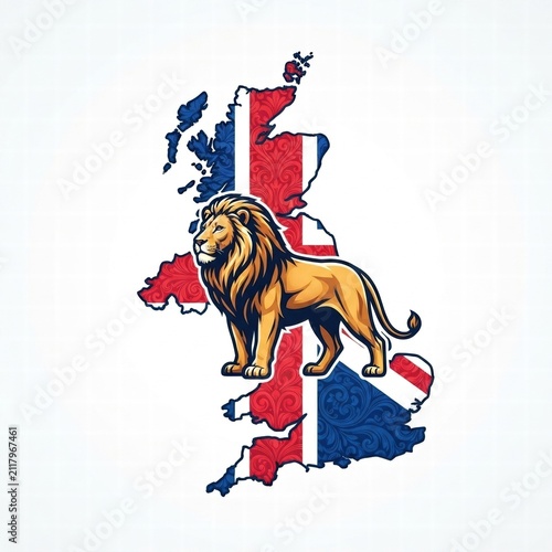 Lion on United Kingdom Map with Union Jack Flag. British Heraldic Symbol and National Flag Colors. Patriotic UK Illustration.