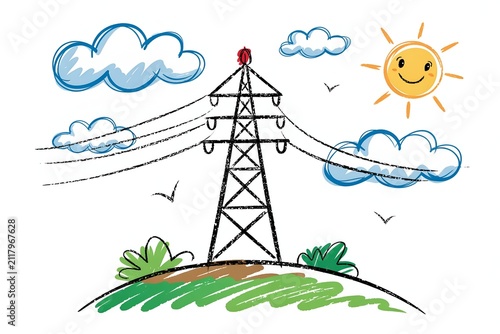 High voltage power transmission tower on green hill rendered in hand drawn crayon sketch artwork, energy concept