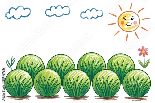 Row of fresh green cabbage heads growing in farm field rendered in hand drawn crayon sketch art, farming concept