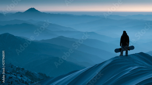 Snowboarder silhouette overlooking mountain landscape.