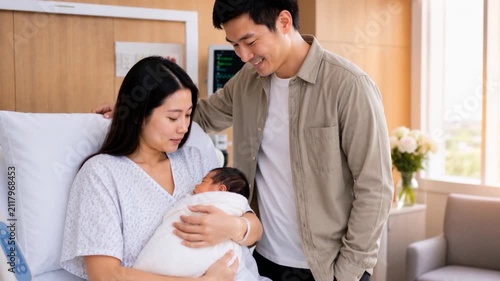 Asian young couple father mother holding new born baby in hospital bed.
