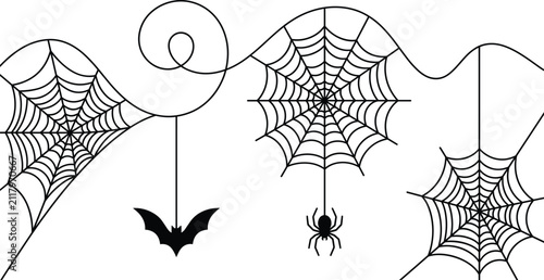 Halloween Spider Web Border Collection with Bat and Spider Line Art Vector Set