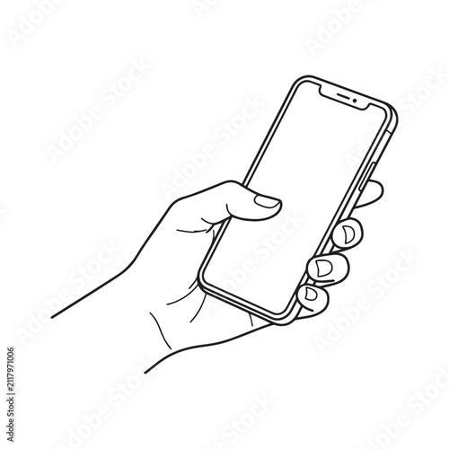 Line art drawing of hand holding smartphone with blank screen for mockup, perspective view