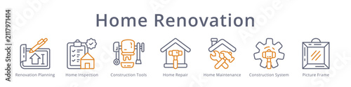 Home renovation icons covering planning, inspection, repair, maintenance and tools for house remodeling design.