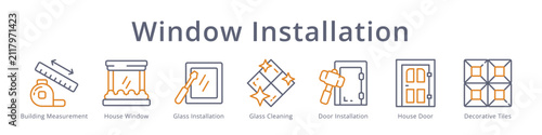Window installation icons featuring measurement, glass, door installation and decorative tiles for home renovation design.