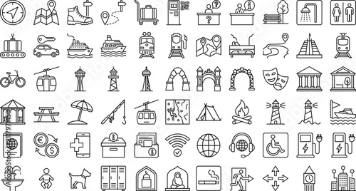 Travel and Public Facility Line Icons Collection with Transportation Navigation Tourism and Visitor Services