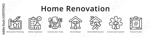 Home renovation icons covering planning, inspection, repair, maintenance and tools for house remodeling design.