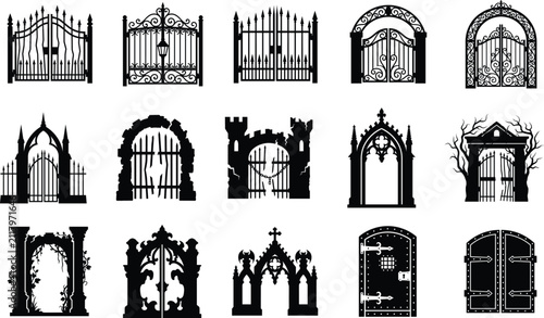 Gothic Gate Silhouette Collection with Ornate Iron Gates Castle Entrances and Medieval Archway Vector Set