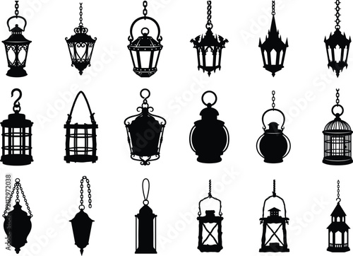 Vintage Hanging Lantern Silhouette Collection with Decorative Antique Lamp Icons for Halloween and Gothic Design