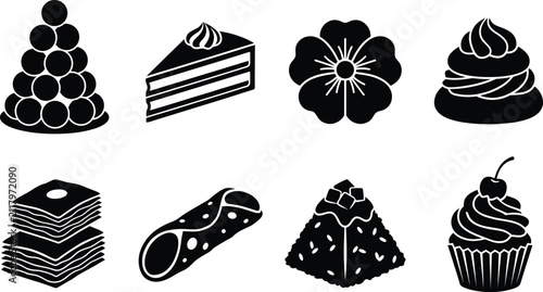 Dessert Silhouette Collection with Cakes Pastries Cupcake and Sweet Food Icons for Bakery Design