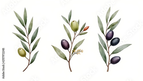 Three olive branches with black and green olives and leaves
