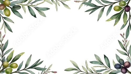 Watercolor olive branch border with green and black olives, simple design