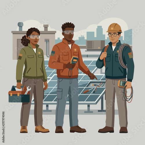 Картината върху платно Solar technicians examine photovoltaic panels on a rooftop to ensure optimal energy efficiency and system performance