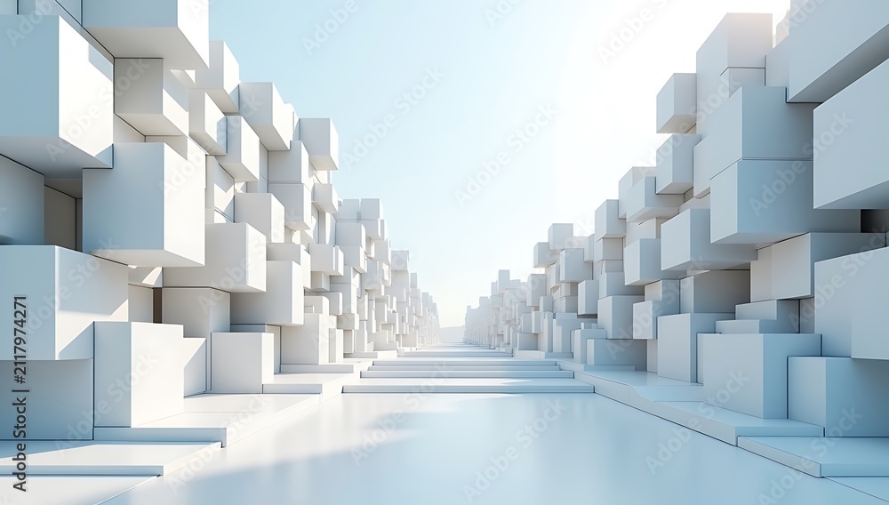 Fototapeta premium Abstract 3d cubes hallway with blue and green light perspective