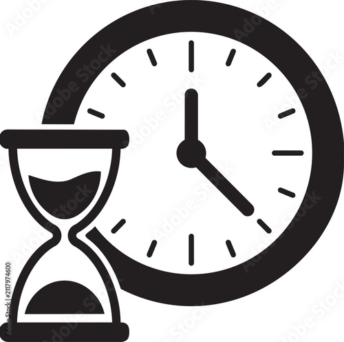 Flat design vector icon featuring a classic clock and an hourglass symbolizing time management deadlines and waiting periods isolated on white background