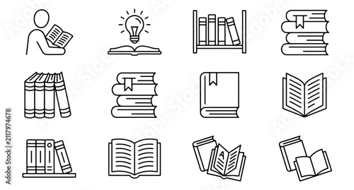 Set of book reading and library vector icons