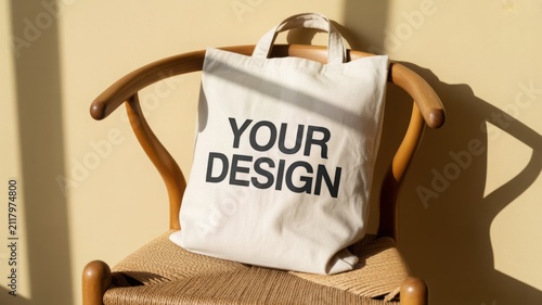 Mockup of a blank canvas tote bag on a wooden chair with sunlit shadows