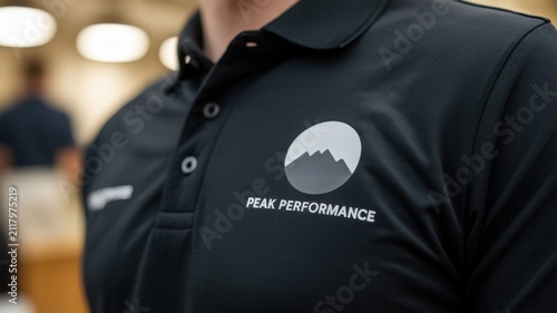 Close-up of a person wearing a black polo shirt with a mountain logo and performance branding