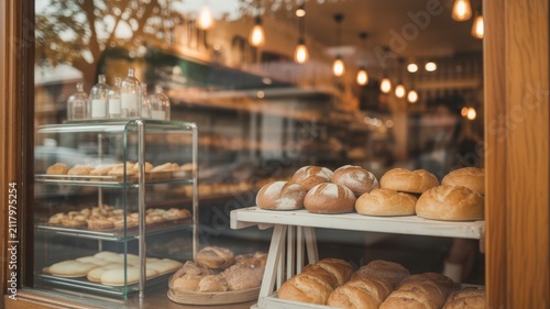 Freshly baked bread and pastries displayed in a rustic bakery window.