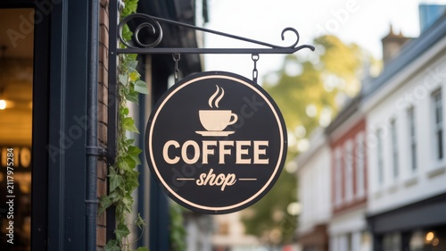 Vintage black coffee shop sign hanging on a bracket against a blurred street background.