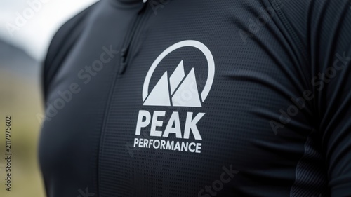 Close up of mountain logo and white text printed on a black athletic compression shirt