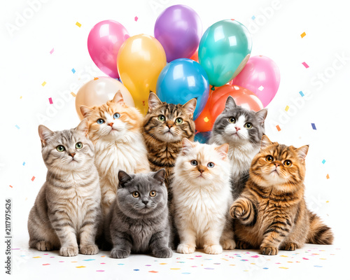 Group of cute cats with colorful balloons. Adorable kittens celebrating a birthday party.