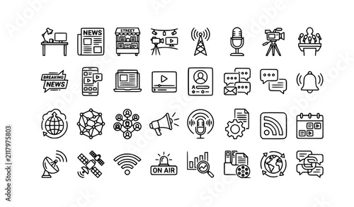 Journalism Social Media and Communication Thin Line Icon Set for Digital News Broadcasting and Public Networks Vector