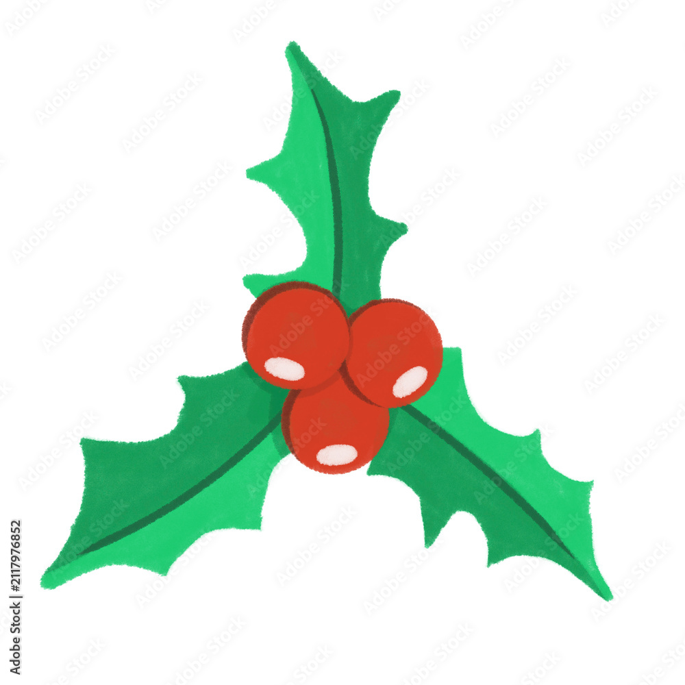 Obraz premium Traditional christmas holly berries and green leaves decorative cartoon element isolated on a white background