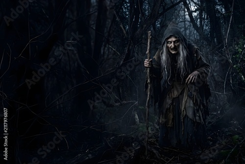 Evil witch standing in a dark haunted forest