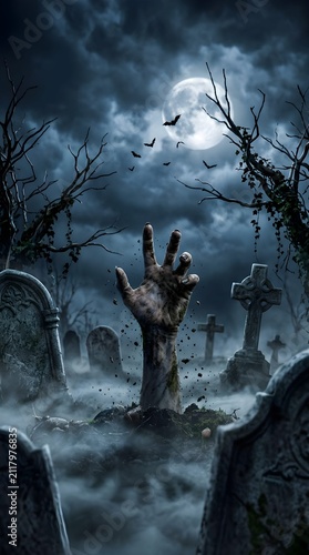 Zombie hand rising from grave in haunted cemetery