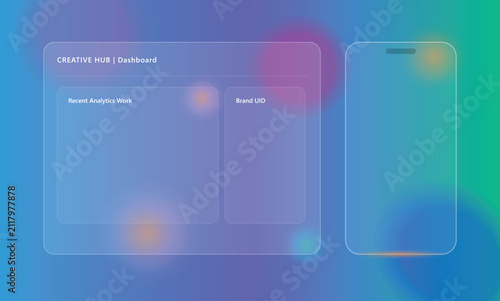 Glassmorphism UI design with mobile smartphone frame and dashboard panel on abstract colorful gradient background glassmorphism smartphone dashboard interface gradient abstract translucent