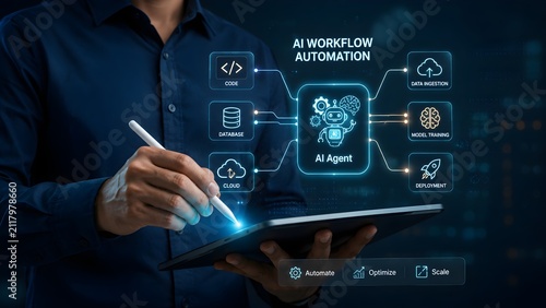 Businessman Using Futuristic AI Video Streaming Holographic Interface
