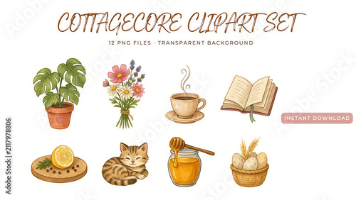 Cottagecore set featuring a potted plant, flowers, and cat isolated on a transparent background