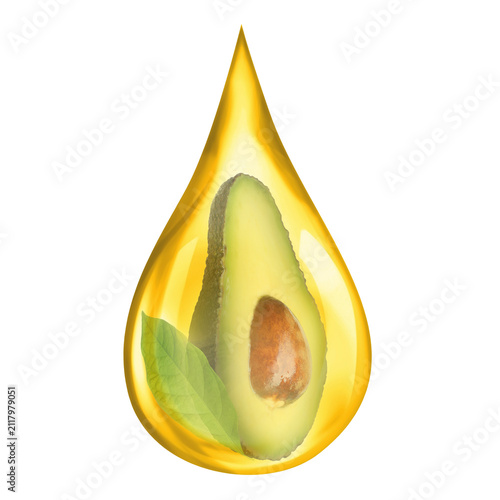 Avocado in drop of oil on transparent background