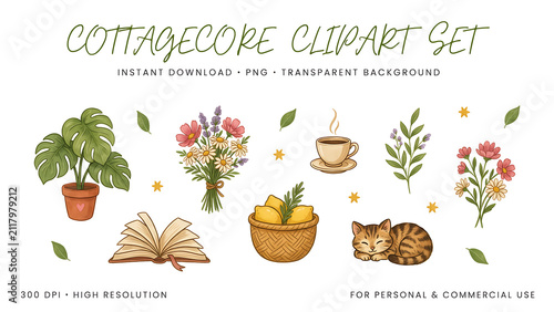 Cottagecore set featuring a potted plant, flowers, and cat isolated on a transparent background