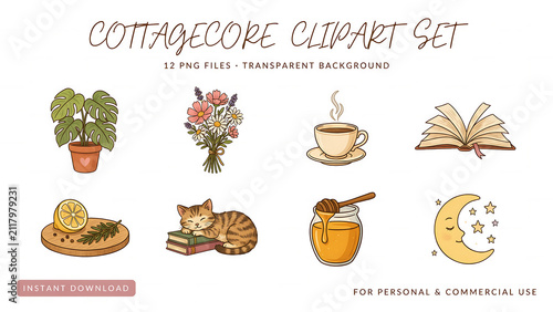 Cottagecore set featuring a potted plant, flowers, coffee, books, cat, honey, and moon isolated on a transparent background