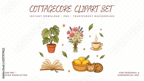 Cottagecore set with a potted plant, flowers, and cat isolated on a transparent background