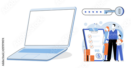Laptop with blank screen and family financial planning vector illustration. Budgeting, savings, investment, insurance, wealth management, retirement planning. Computer monitor with family and money