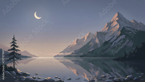 Crescent moon shines over a calm lake with snowy mountain peaks isolated on a transparent background