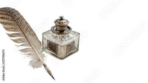 Konstfotografi Vintage feather quill with inkwell isolated on transparent background for poetry