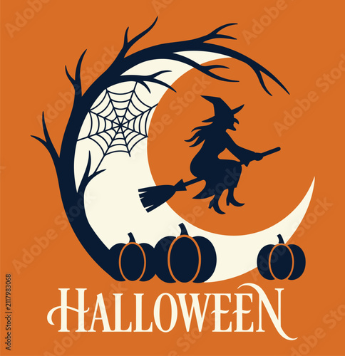 Witch flying on broom for halloween