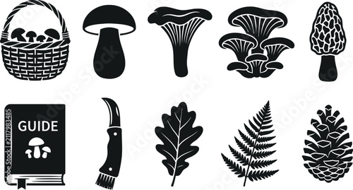 Canvastavla Set of black mushroom foraging icons isolated on transparent background vector file