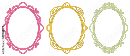 Картината върху платно Set of three whimsical cottagecore Easter oval frames in pink, gold, and green,
